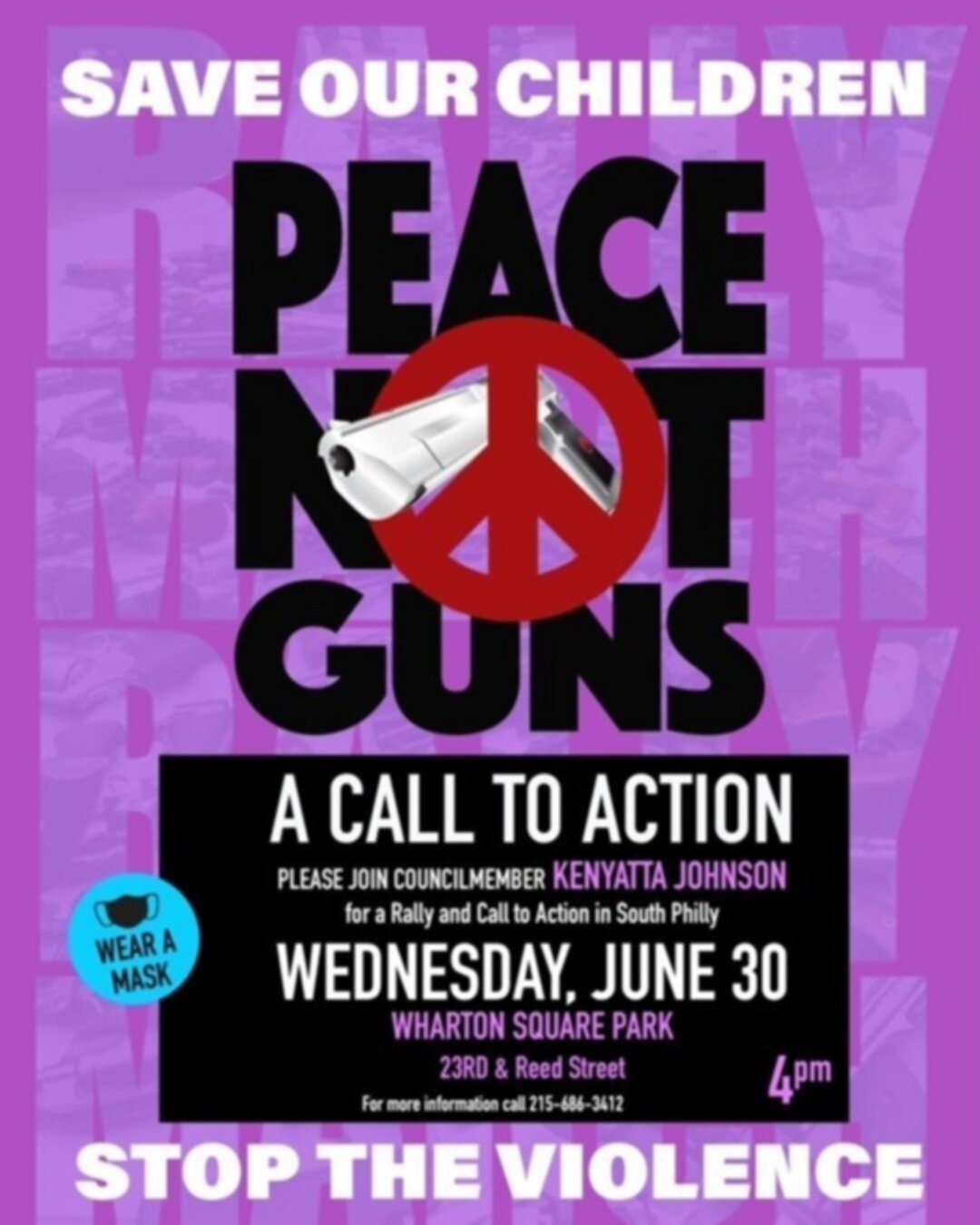 We are tired of seeing our children and communities traumatized by senseless violence. We need peace not guns. 

Take a stand with us and Council Member Kenyatta Johnson tomorrow (Wednesday, June 30) afternoon at Wharton Square Park, 23rd and Reed St