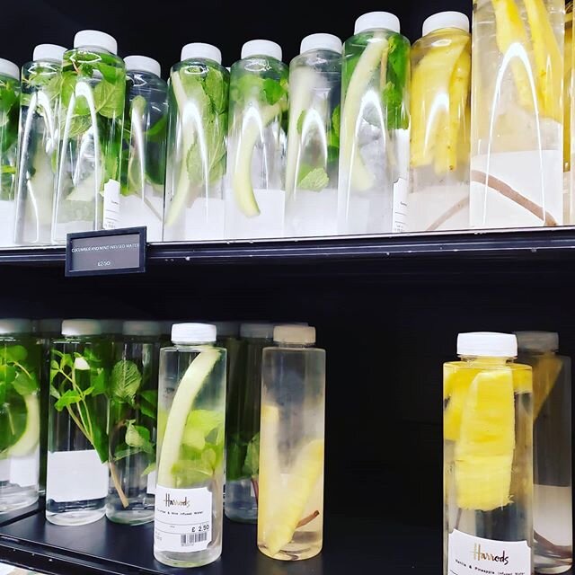 Flavored water infusions in the grocery store INSIDE Harrod's department store in London.