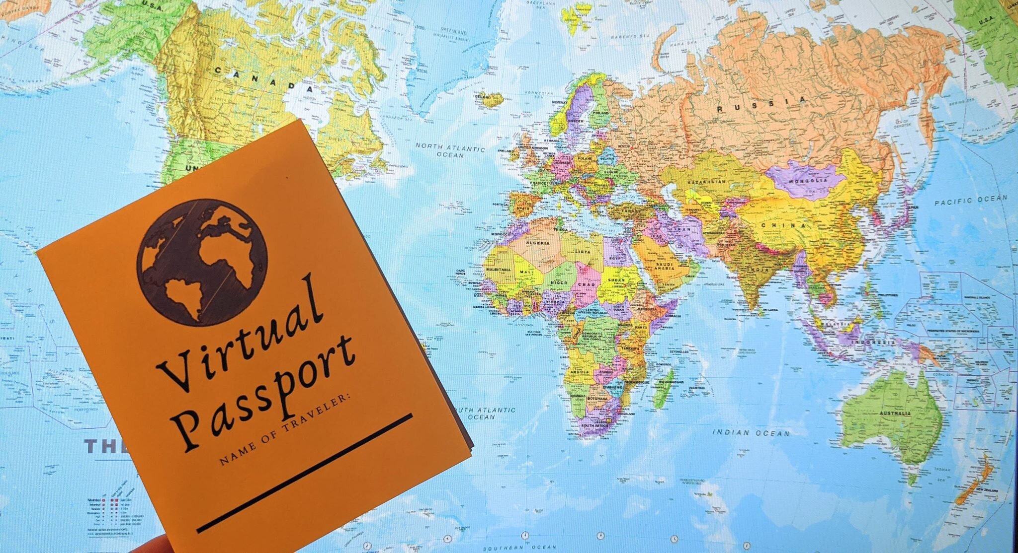 Virtual passport with the world map in the background.