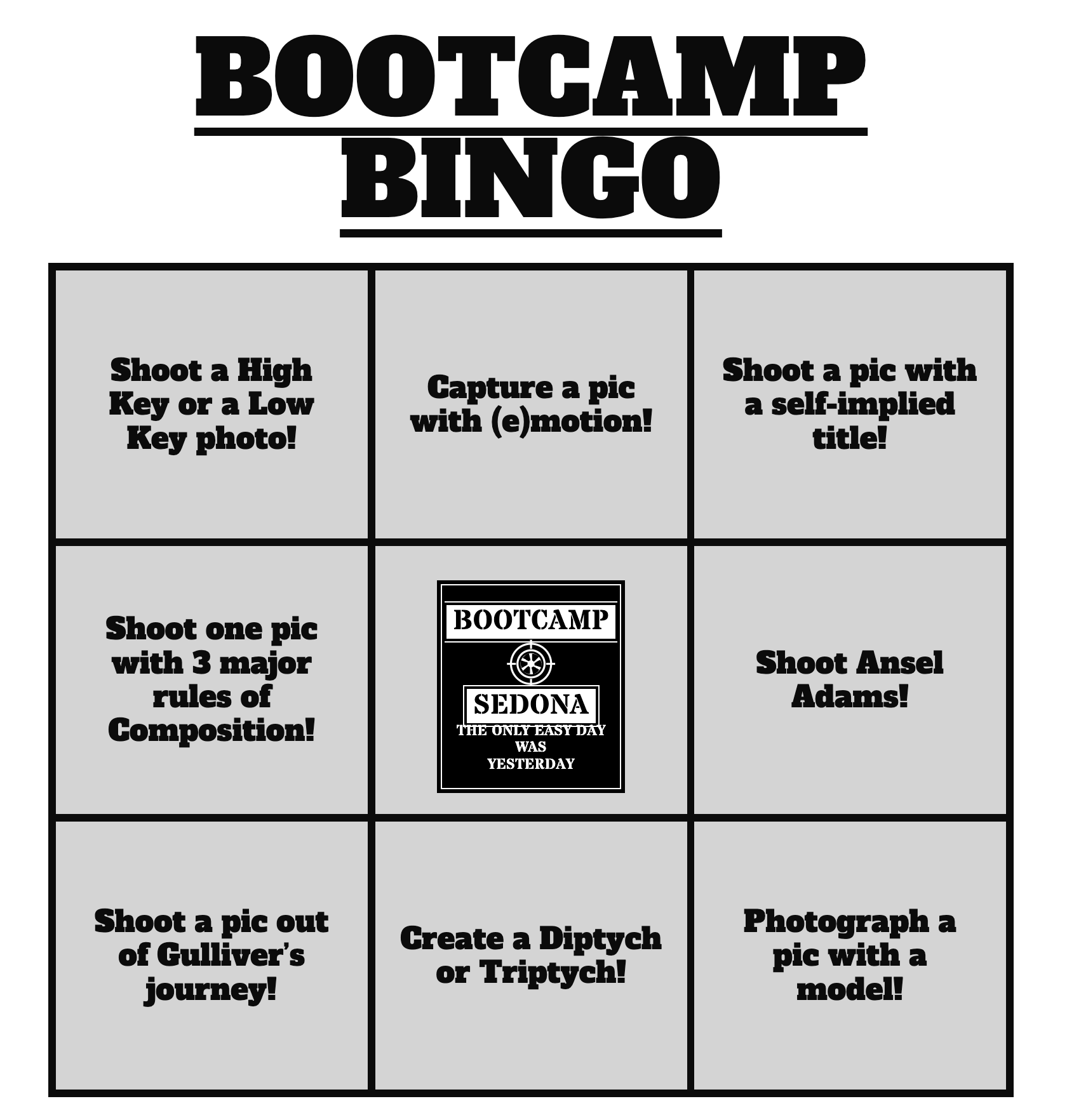 Sedona Bootcamp Bingo card with eight photo challenges
