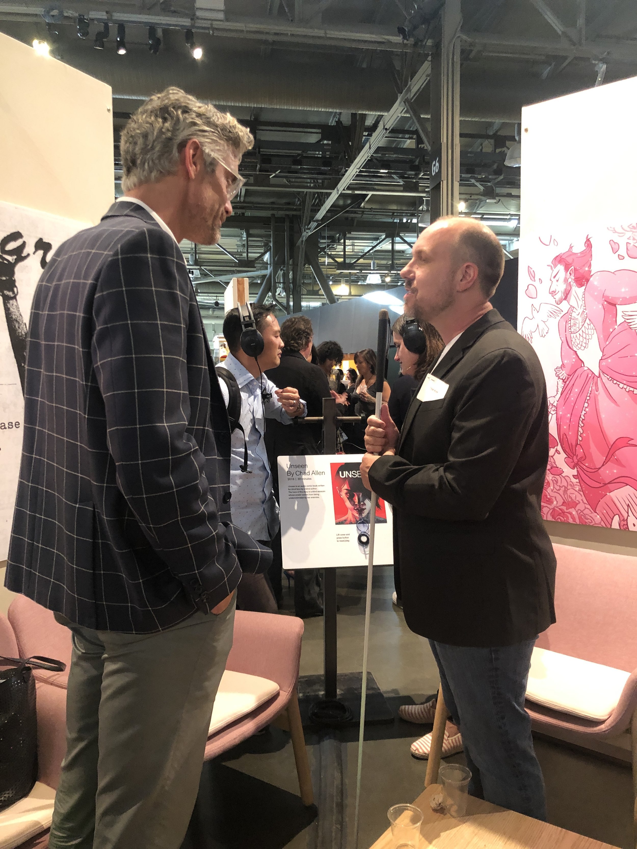 Chad Allen, author talking with Chris Flint, Executive Director of the Exploratorium