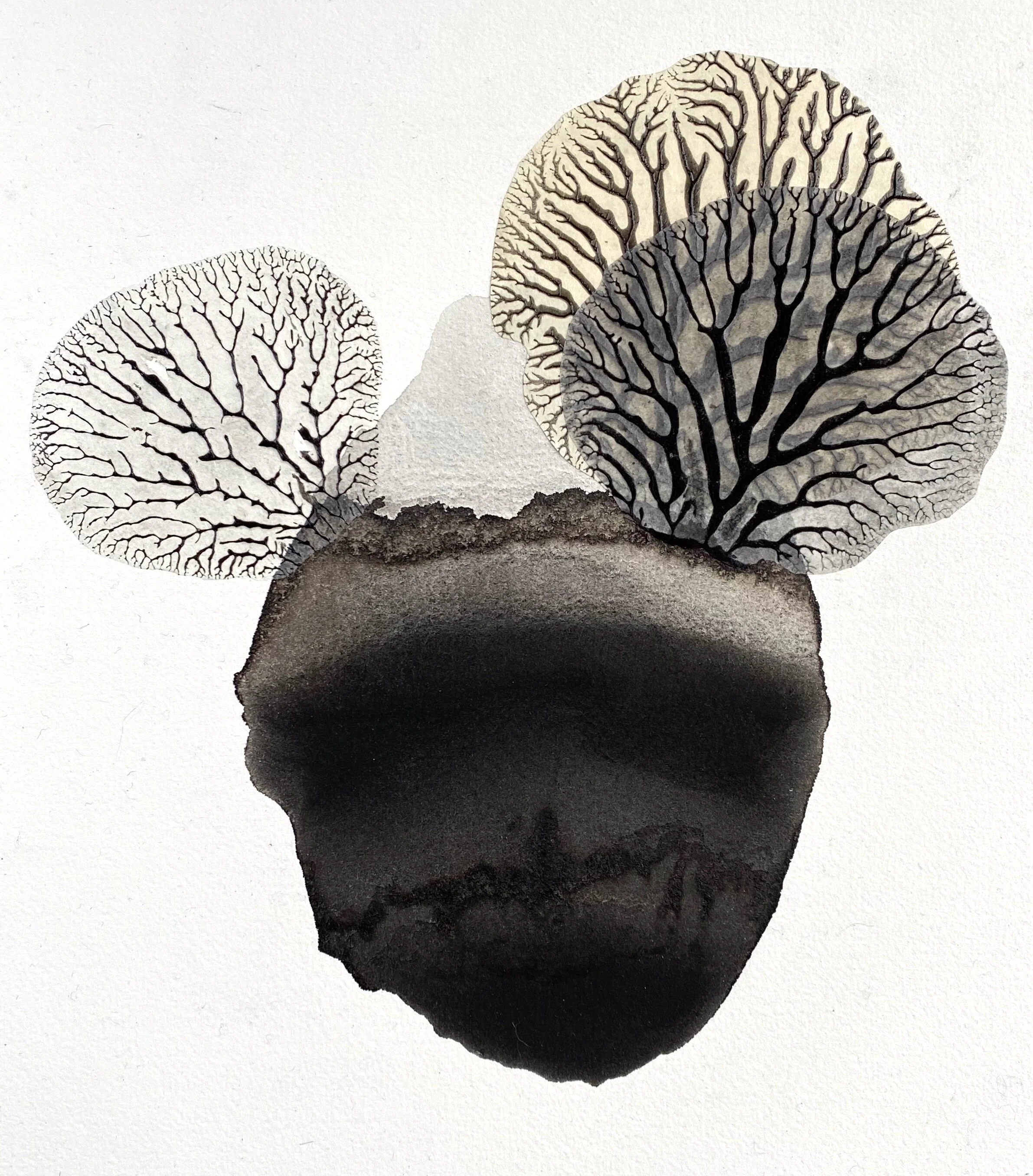 Carboniferous 8, 2021, Pigment from Thames coal in gum arabic on Arches paper with collage of coal+acrylic medium monoprint on Japanese tissue, 37 x 29 cm,