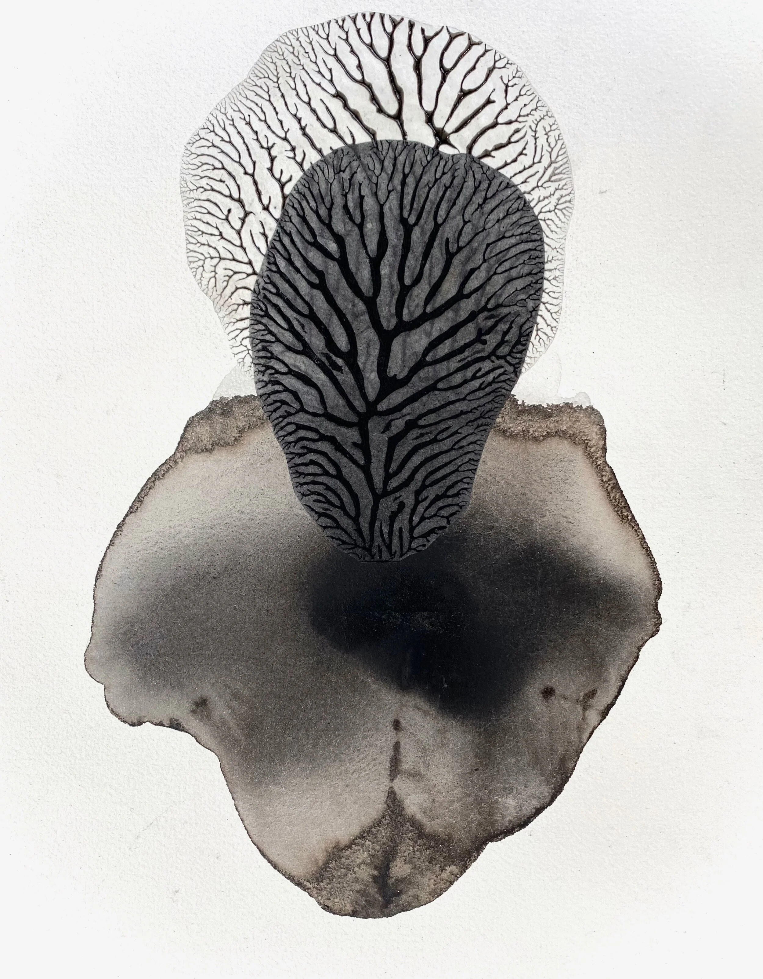    Carboniferous 7,   2021, Pigment from Thames coal in gum arabic on Arches paper with collage of coal+acrylic medium monoprint  on Japanese tissue, 36 x 28 cm 