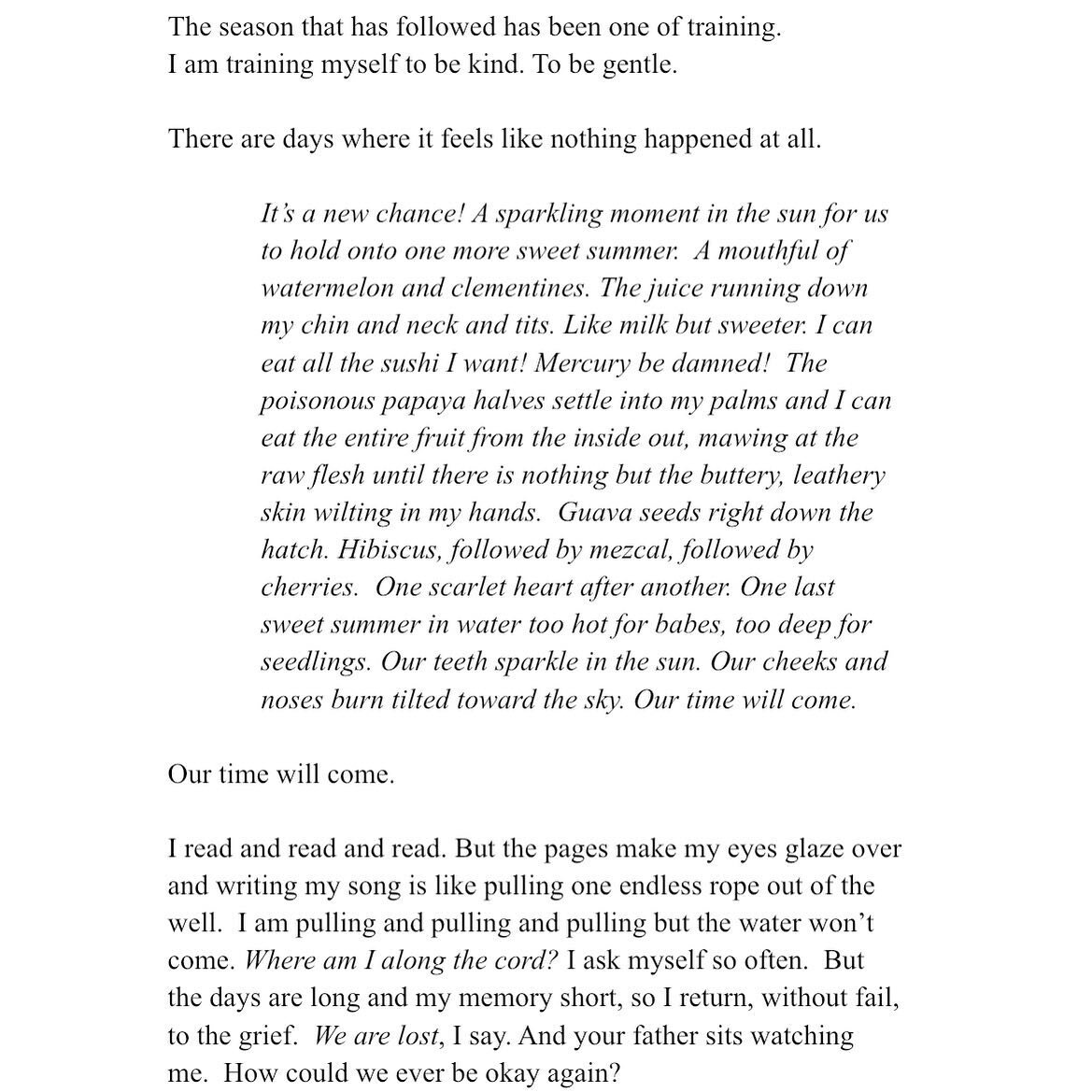 These feelings exist in parallels.

We hurt | We are okay

Now a new thread runs central to all others and it is impossible. A vulnerability I could have never imagined, and yet, we conjured it. And yet, he does not belong to us. 

According to Kahli