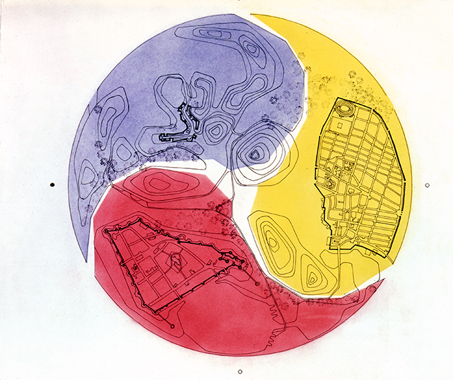 A conceptual map of Delos Park diagramming the three worlds: Westworld, Medieval World and Roman World.