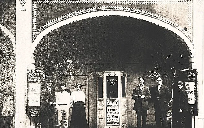 Albert Warner in 1907 with others in front of the Cascade Theatre