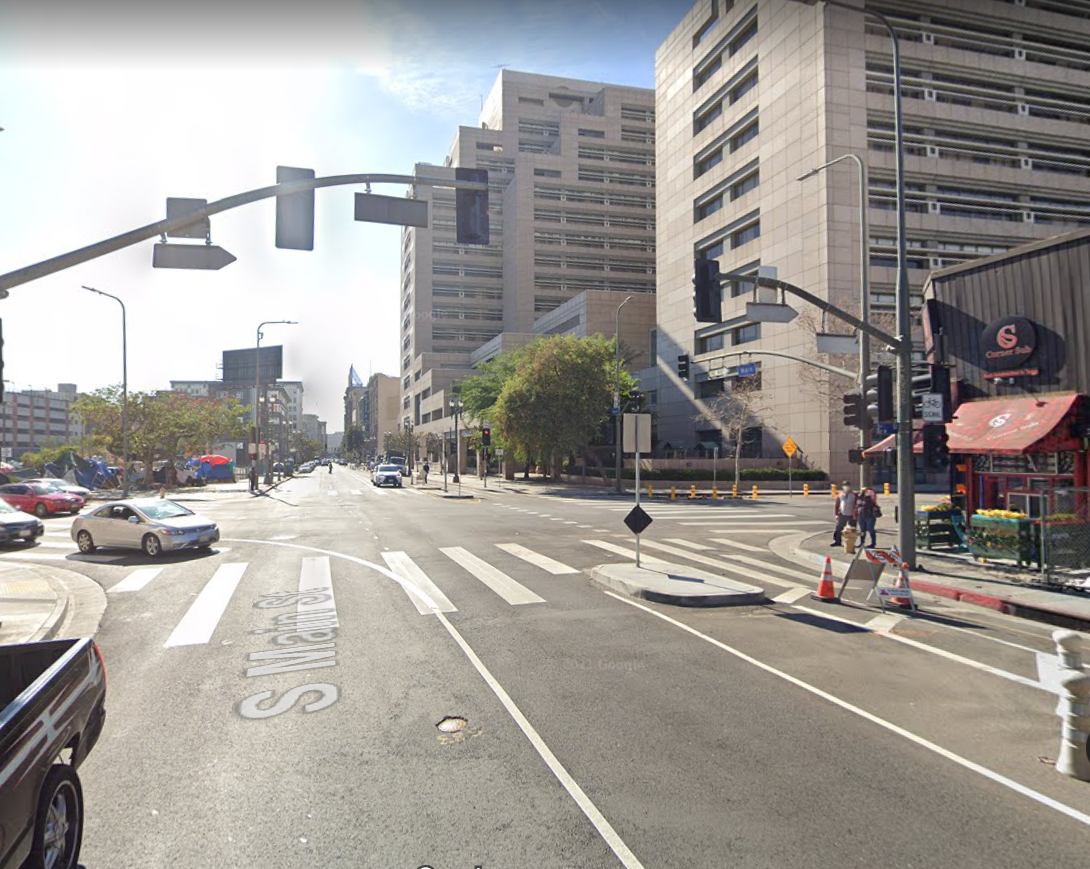 a modern image of the intersection of South Main Street and West 3rd in Downtown Los Angeles