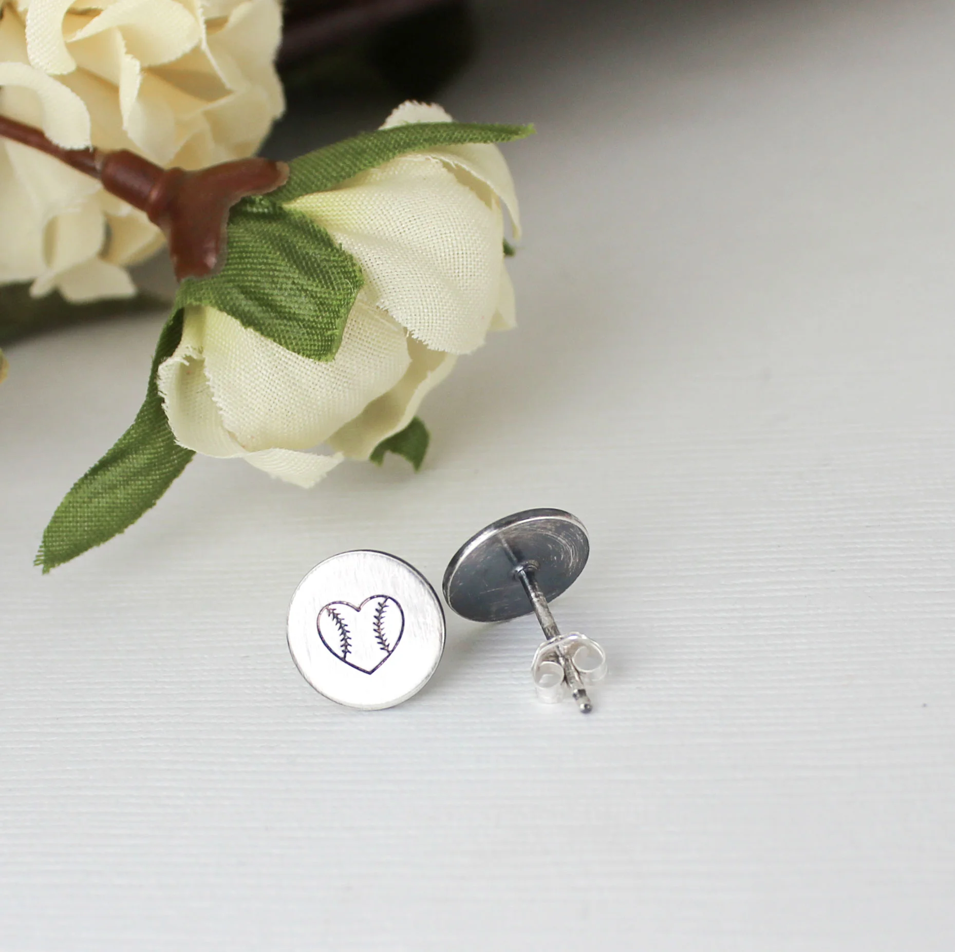 silver softball heart earrings