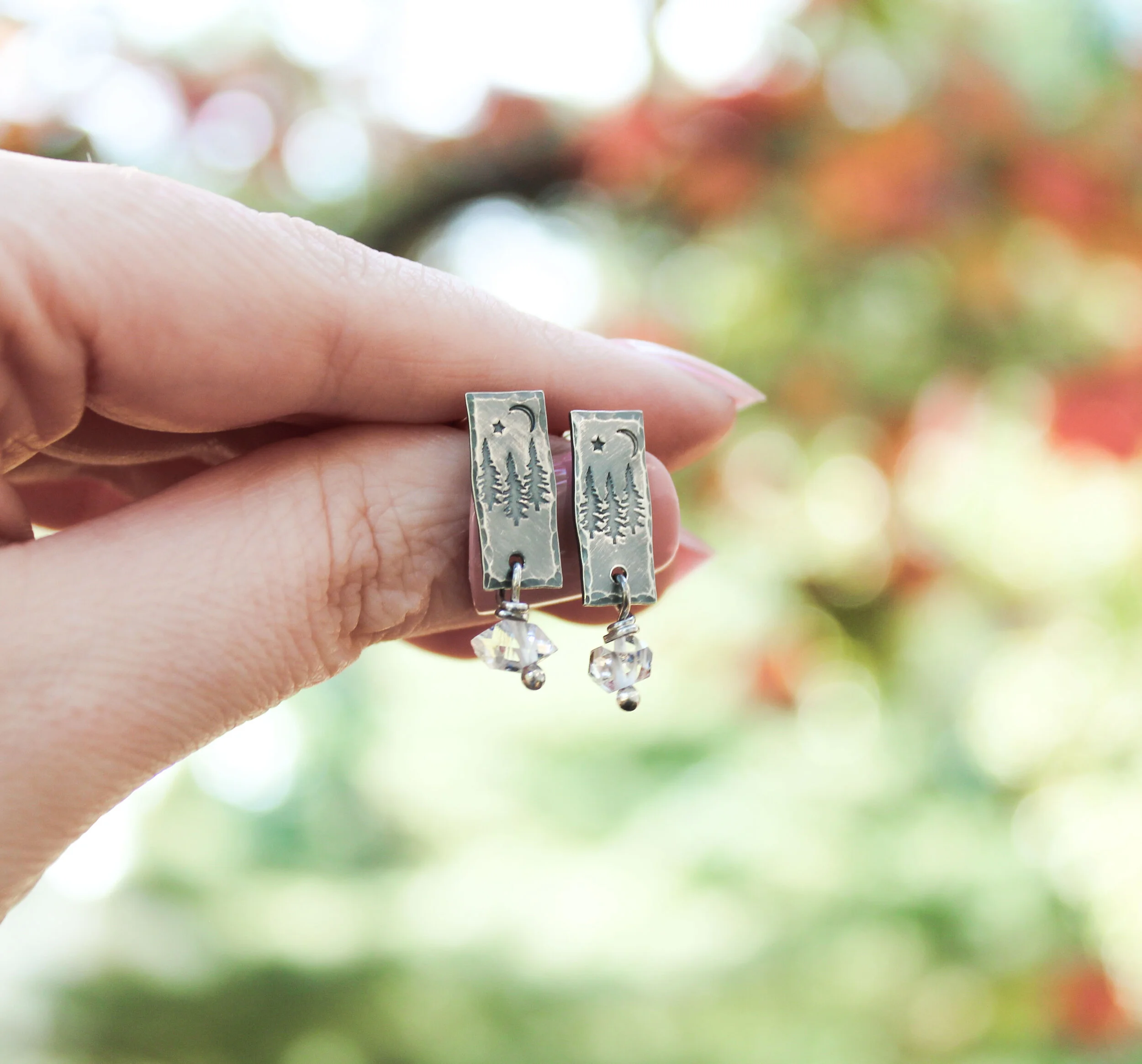 hand stamped tree earrings