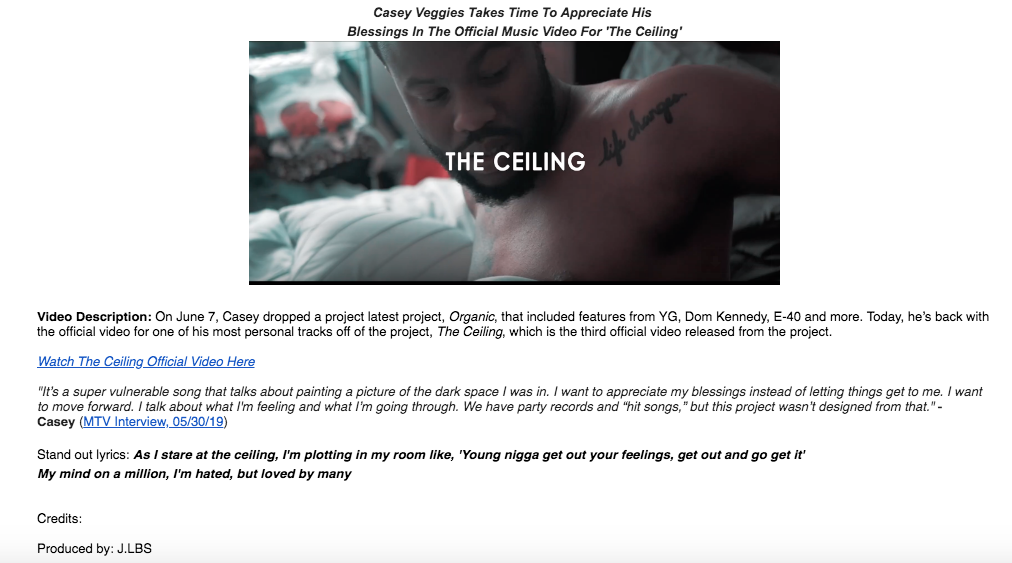 Here’s the body of the pitch email for Casey Veggies new video “The Ceiling”