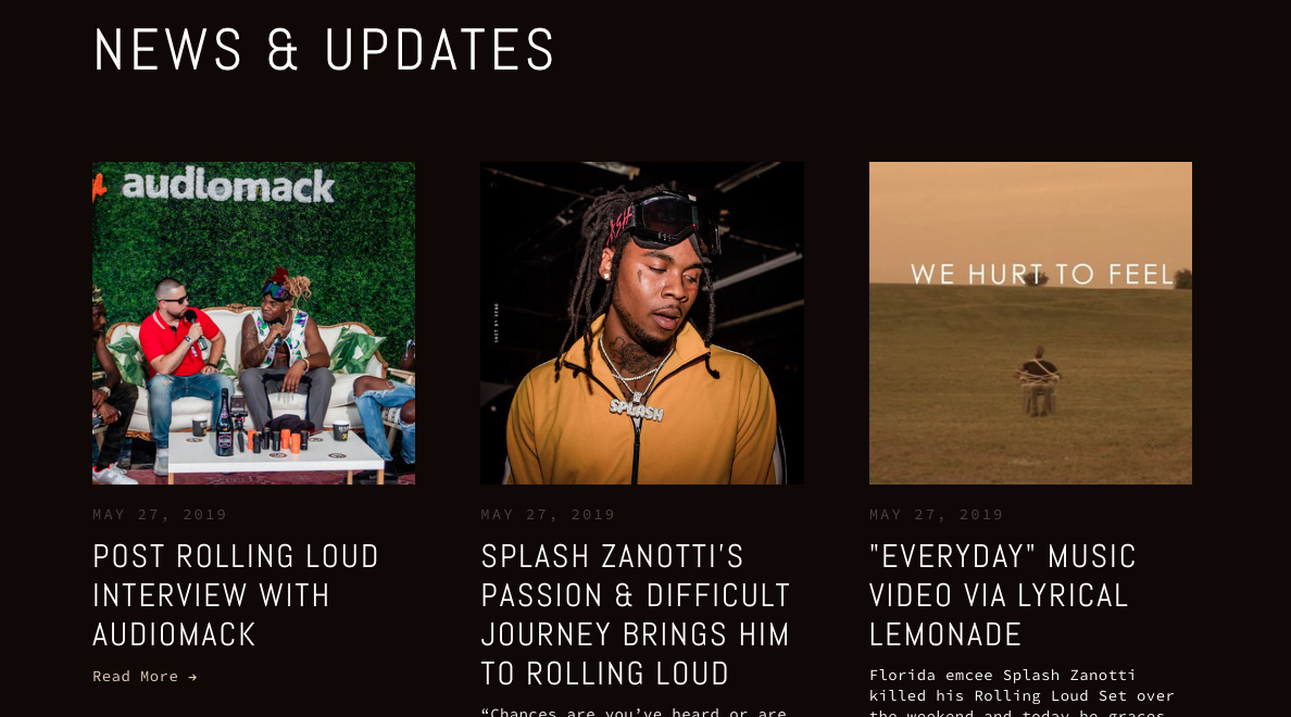 Here’s a screenshot of the NEWS section on Splash Zanotti’s website that he keeps updated with recent press.
