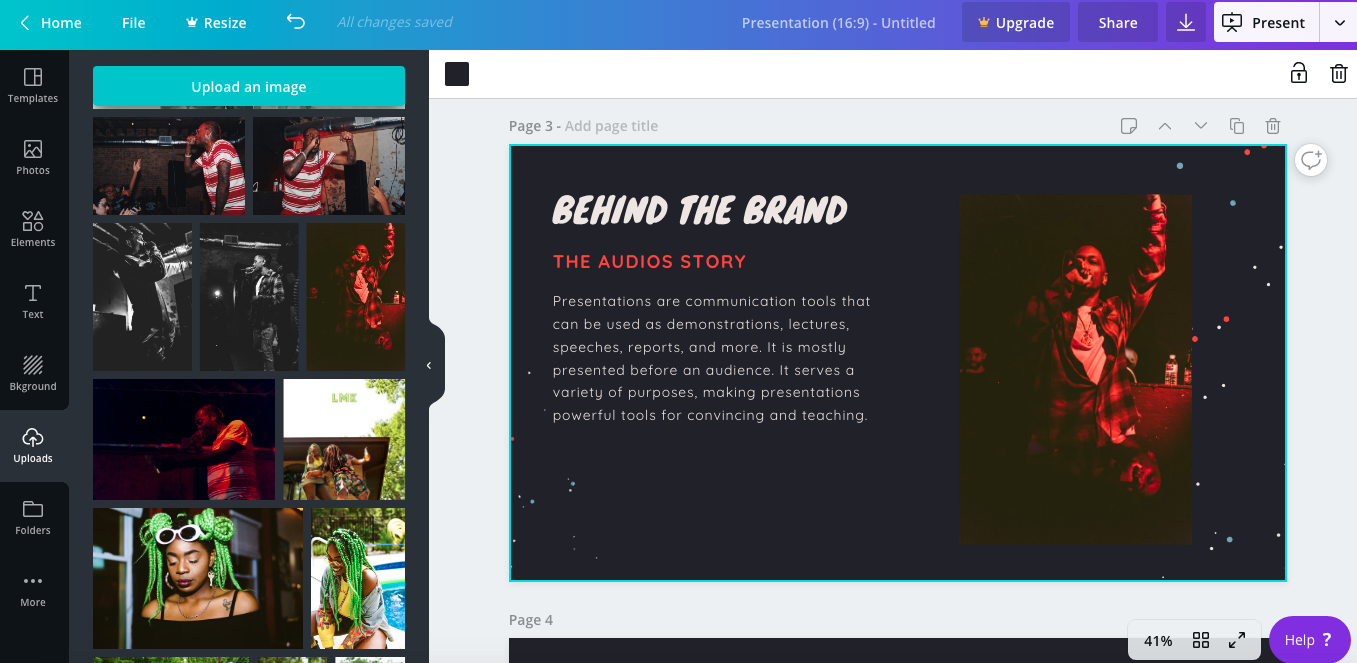 As you can see, we’ve uploaded a bunch of our own images using the “uploads” section on the left menu. We replaced one of the photos in the template with a photo of our own.