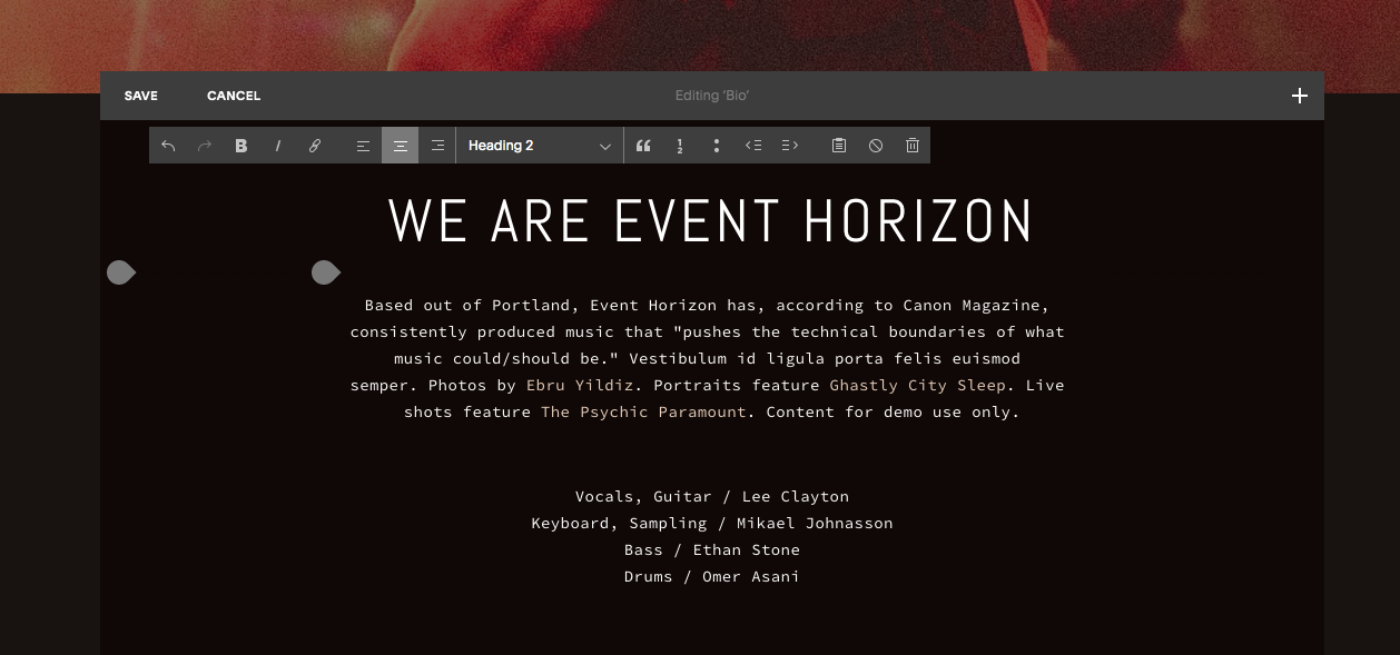 You will see this screen by clicking on “bio” on the left menu, then scrolling over the bio on the actual site on the right, and clicking “edit” on the menu that pops up.