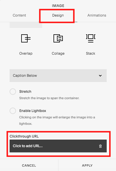 This is what the image menu looks like when you click on the “content” tab. Scroll down and add a link to your photo by adding a “clickthrough URL.”