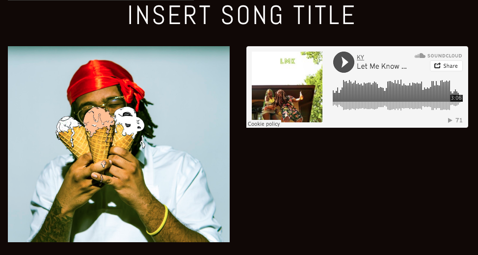 This is what our page looks like after following the instructions. The song title is at the top, with the linked cover art on the left and the embedded song on the right.