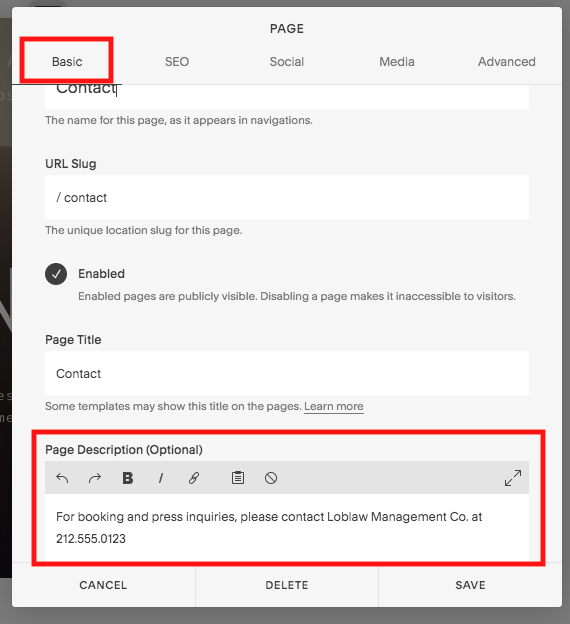 Change the header text by editing the PAGE DESCRIPTION.