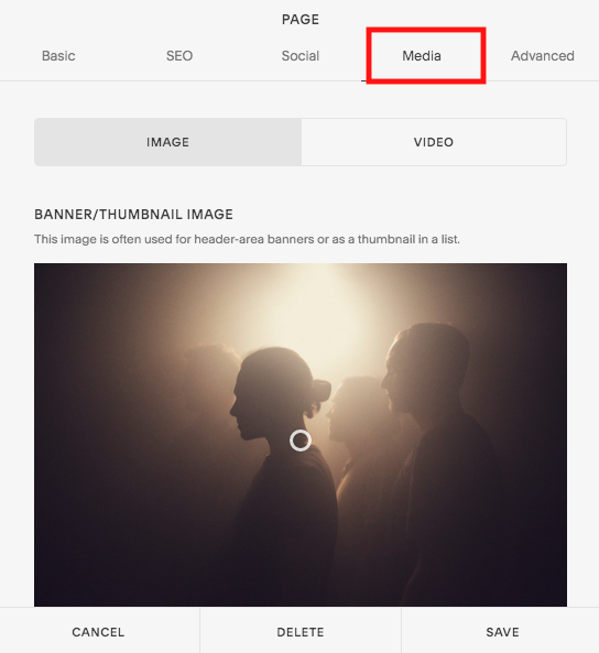 Click on the MEDIA tab (outlined in red) to change the header background.