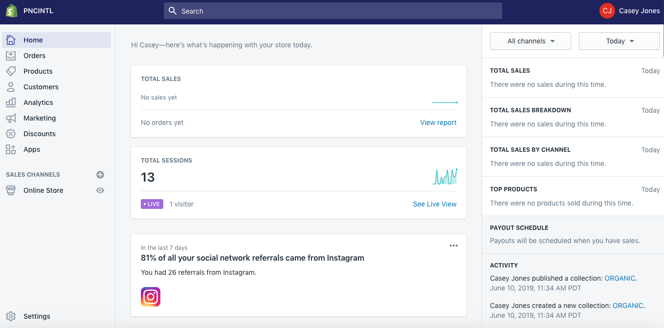 This is the shopify dashboard where you control your store.