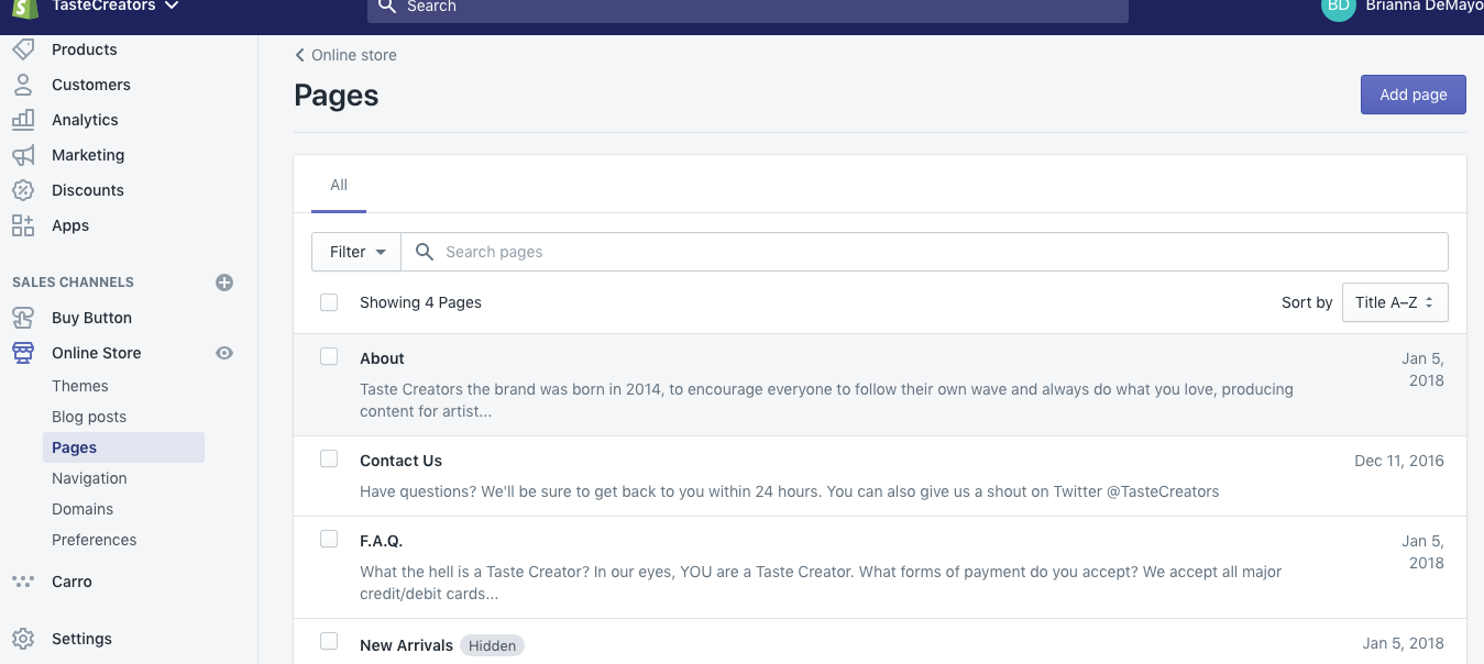This is our pages dashboard. As you can see we added an “about” page, a “contact us” page and a “FAQ” page.