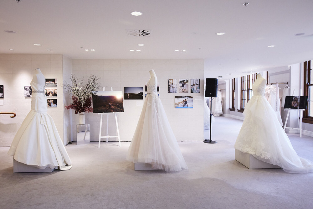 Magnificent bridal gowns centered amongst the Love Story Exhibition within the David Jones Bridal Suite