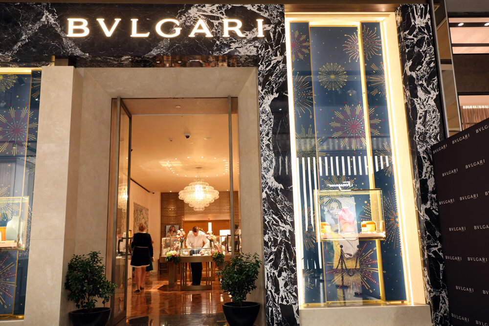 The spectacular view outside the new Bvlgari Boutique designed by internationally acclaimed architect, Peter Marino.