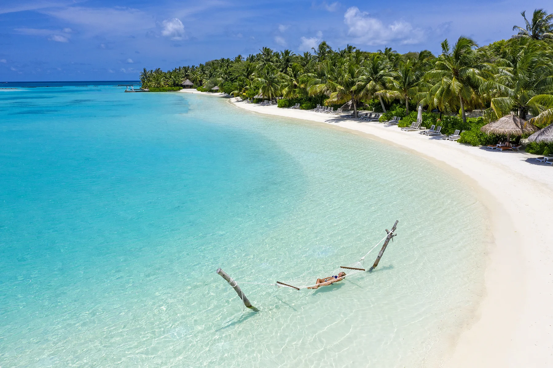 Tropical beach with turquoise water, white sand, and palm trees. A swing hangs from the trees, and lounge chairs are lined along the beach under thatched umbrellas.