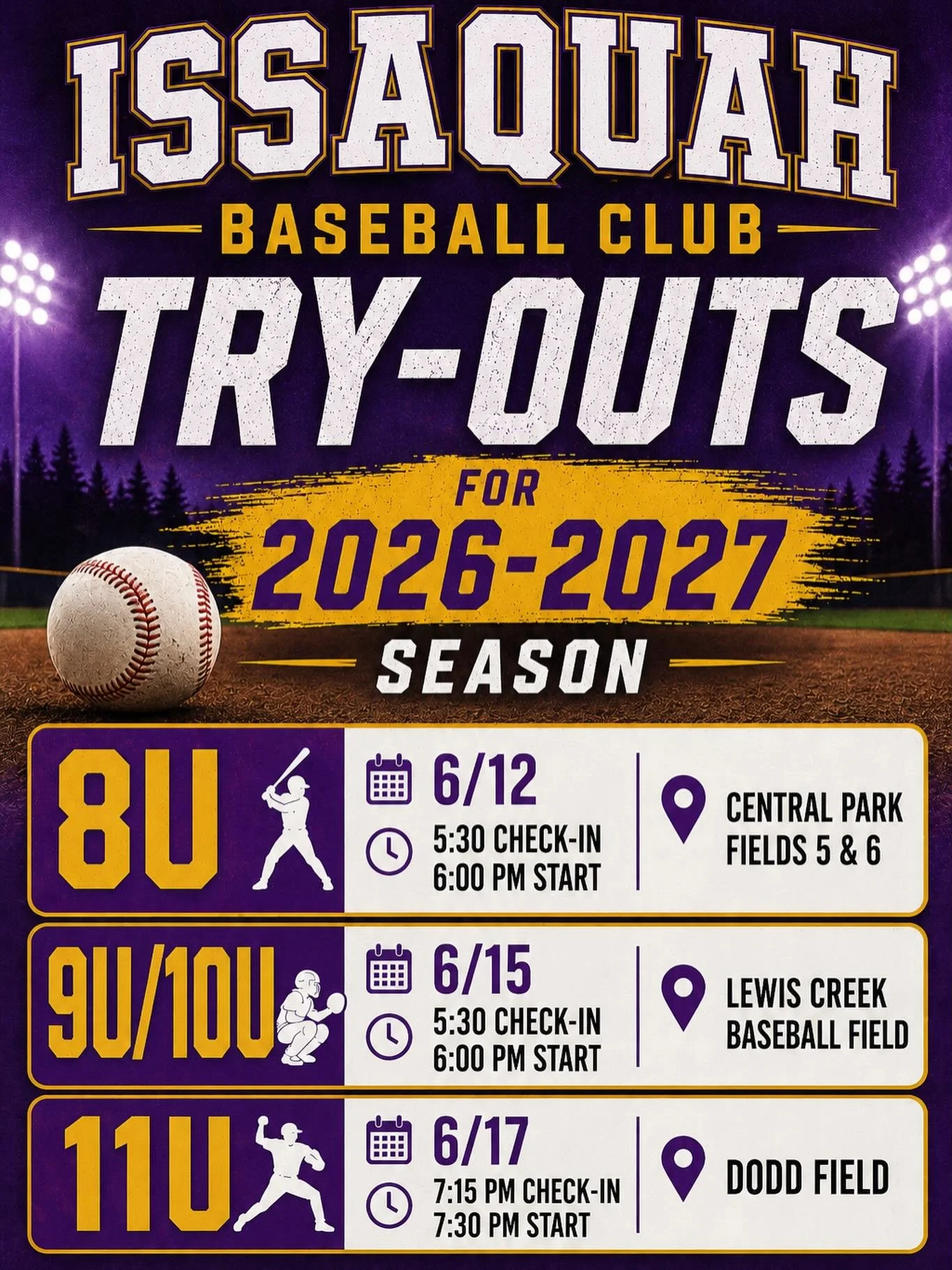 Issaquah Baseball Club Try-Outs for the 2026&ndash;2027 Season ⚾️

Come join the IBC family! Registration is now open for upcoming try-outs:

🔹 8U &ndash; June 12
📍 Central Park Fields 5 &amp; 6
⏰ 5:30 PM Check-In | 6:00 PM Start

🔹 9U / 10U &ndas