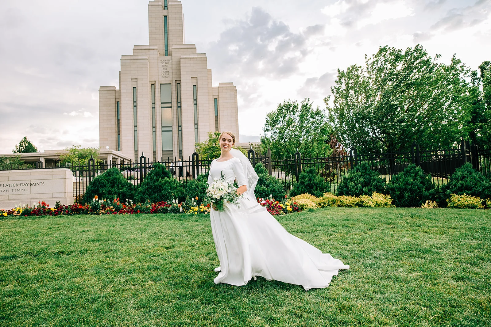 LDS bride in front of the Oquirrh Mountain Template in West Jordan, Utah professional wedding photography in Salt Lake City. Bridals and formals before the wedding day by Bella Alder Photography #bellaalderphoto #weddingphotography #utahweddingphotographer #slcweddingphotographer #weddings #loganutahweddingphotographer #firstlook #formals