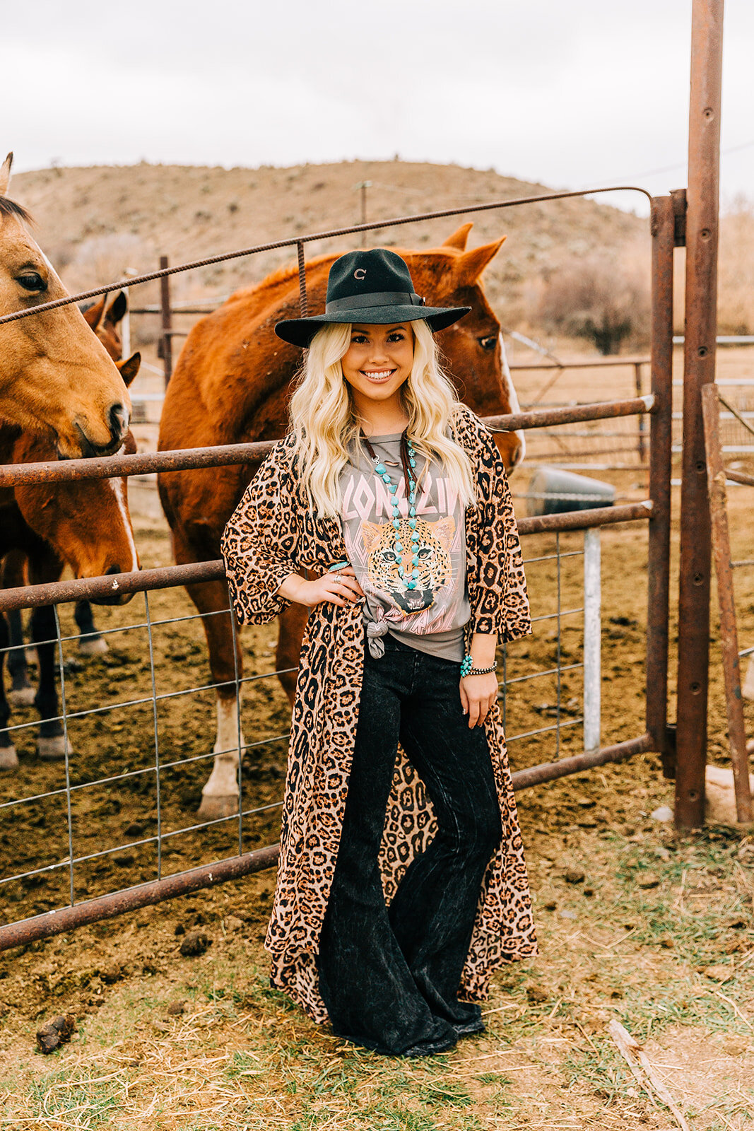  hat styling wavy hair teal earrings stones accent jewelry leopard long cardigan duster long hairstyles hair and makeup inspiration country style professional photographers in utah commercial photographers in utah horses wild rag boutique commercial 