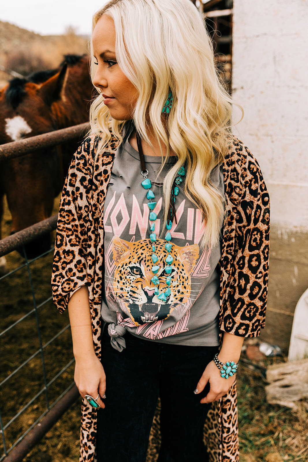  wavy hair teal earrings teal jewelry stone necklace accent jewelry leopard long cardigan duster long hairstyles hair and makeup inspiration country style professional photographers in utah commercial photographers in utah horses wild rag boutique co