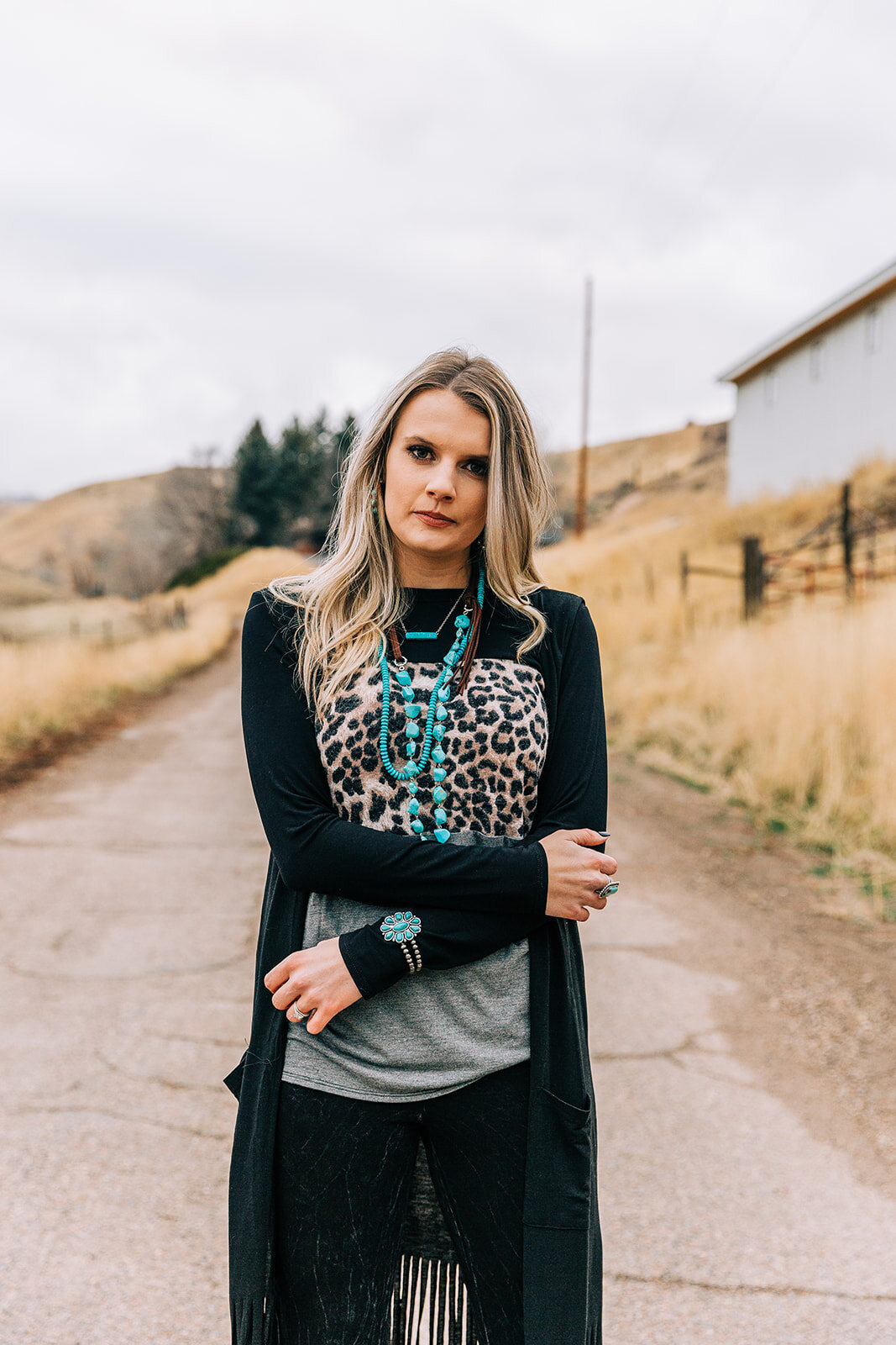  black duster cheetah print color block shirt statement jewelry teal stones hairstyles long hairstyles hair and makeup inspiration country style professional photographers in utah commercial photographers in utah horses wild rag boutique commercial p