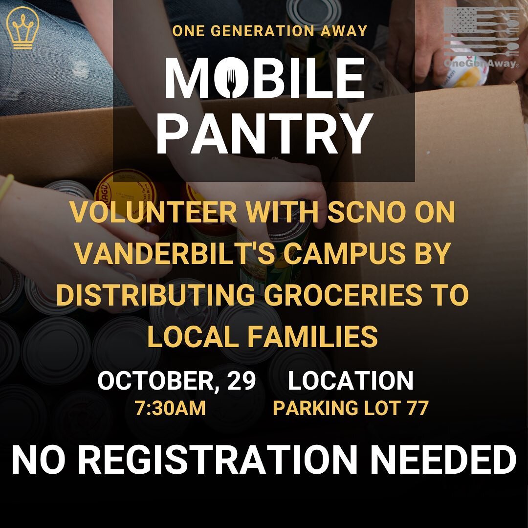 Come join SCNO and volunteer on CAMPUS with our client One Generation Away! On October 29th, One Generation Away will be hosting a mobile pantry event where you can help distribute food to local families. Another amazing part, there is no registratio