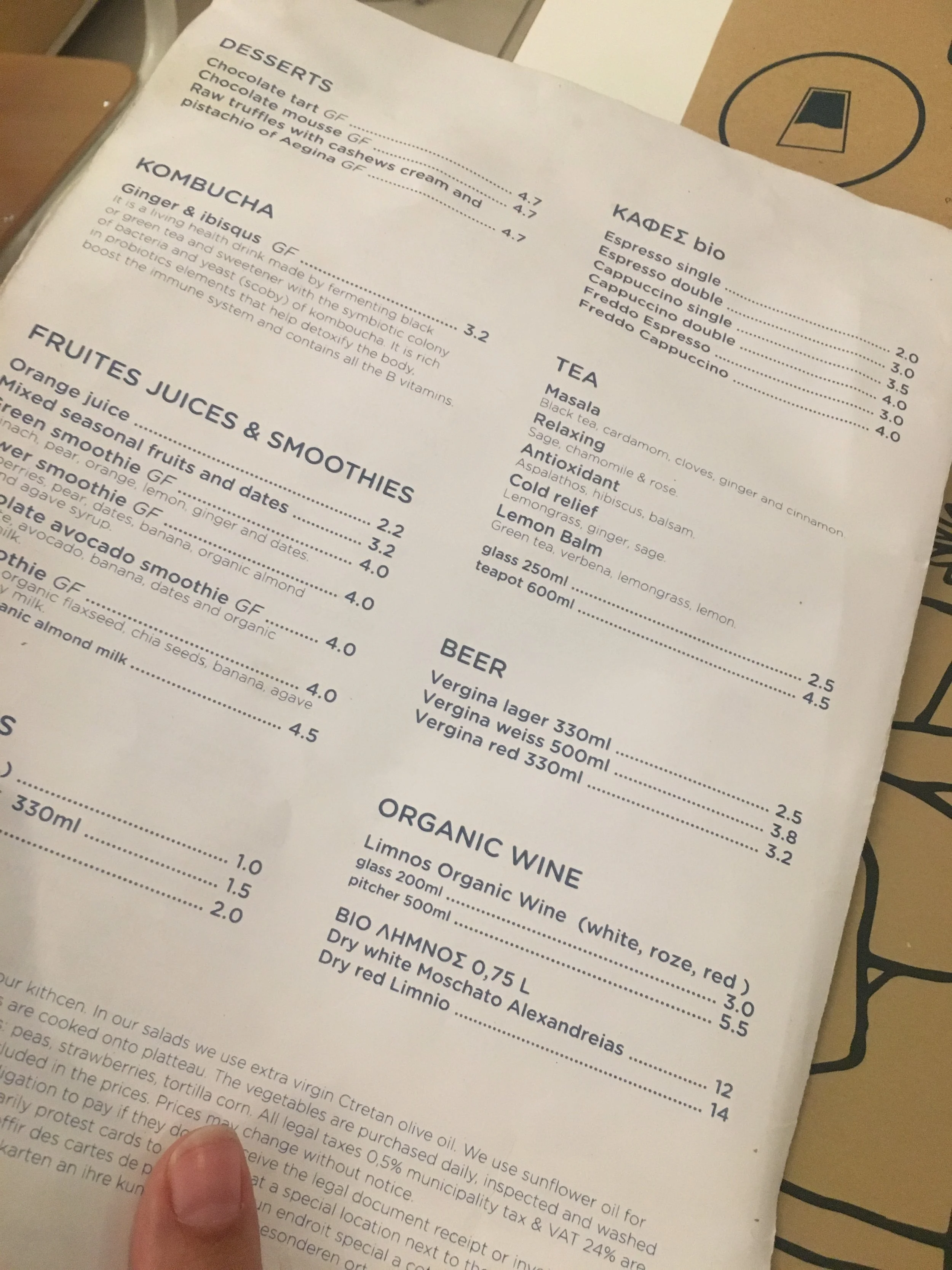 Drinks Menu featuring Organic Wine and Kombucha at Mama Tierra Vegan Restaurant in Athens