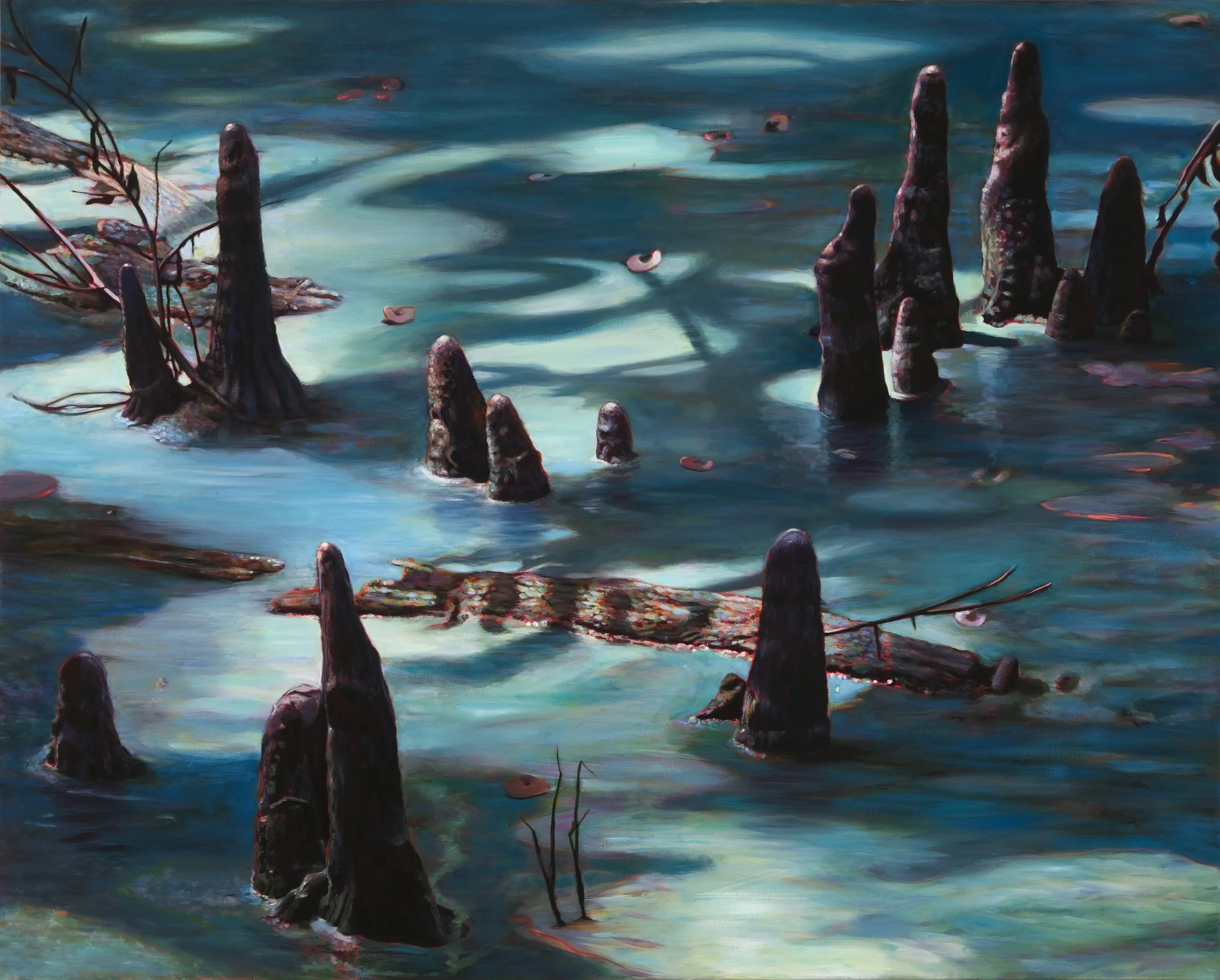 Cypress Knees in Moonlight , oil over acrylic, 48” x 60”, 2007
