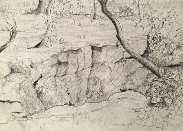 The bluffs out front , graphite, 14” x 11”, 2019
