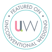Logo for Unconventional Wedding featuring the initials U and W, surrounded by a circular border with the text 'Featured on Unconventional Wedding'.
