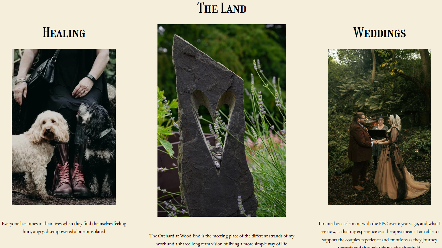Three sections of a webpage titled "The Land" with photographs and text about healing, the orchard, and weddings. The healing section shows two women sitting with dogs; the orchard section shows a stone sculpture among plants; the wedding section depicts a couple exchanging vows outdoors.