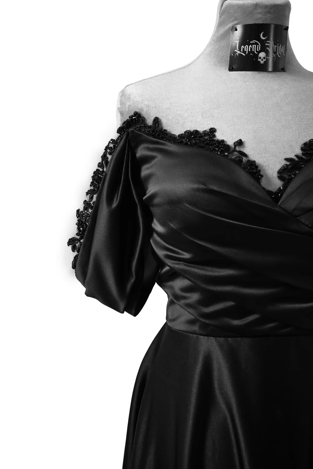 Morena, goddess of winter and rebirth - black satin wedding dress  Legend  Bridal Designs; alternative bridalwear