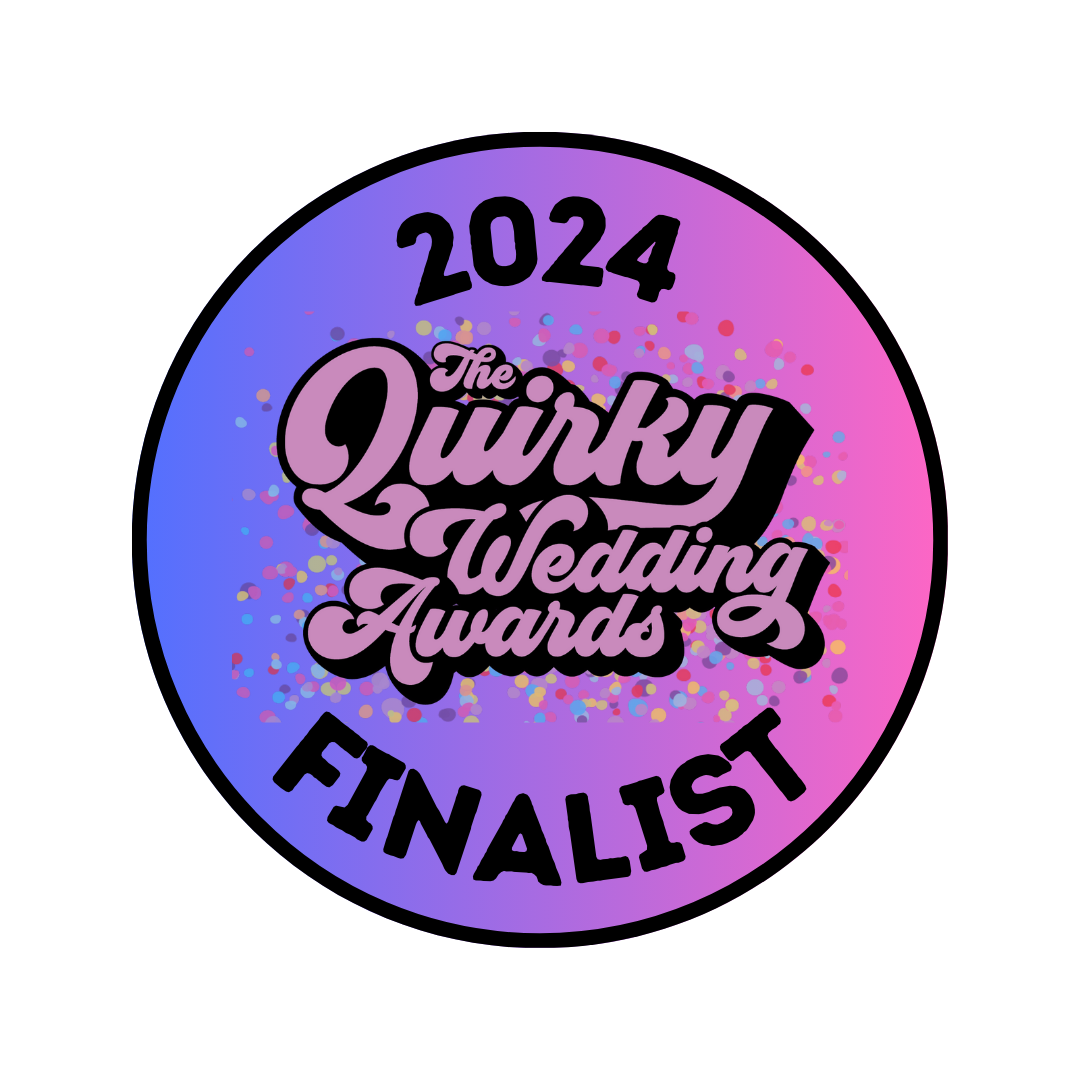 Logo for the 2024 Quirky Wedding Awards Finalist with colorful confetti background