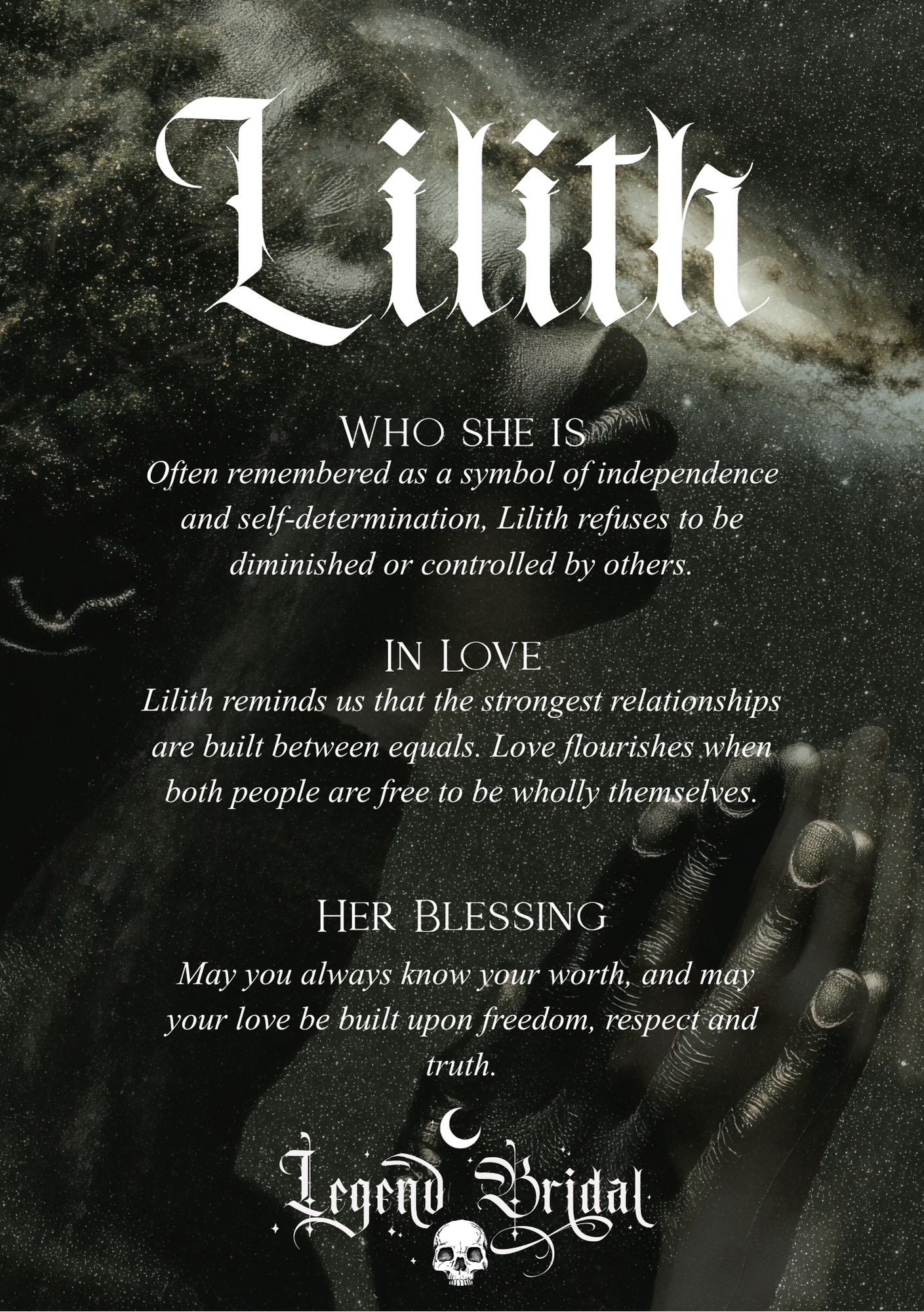 A wedding invitation with a dark, galaxy-themed background, featuring glowing jellyfish and sparkles. The text includes a quote about Lilith, a message about love and independence, and a decorative skull with a crescent moon and artistic lettering that reads 'Legend Bridal.'