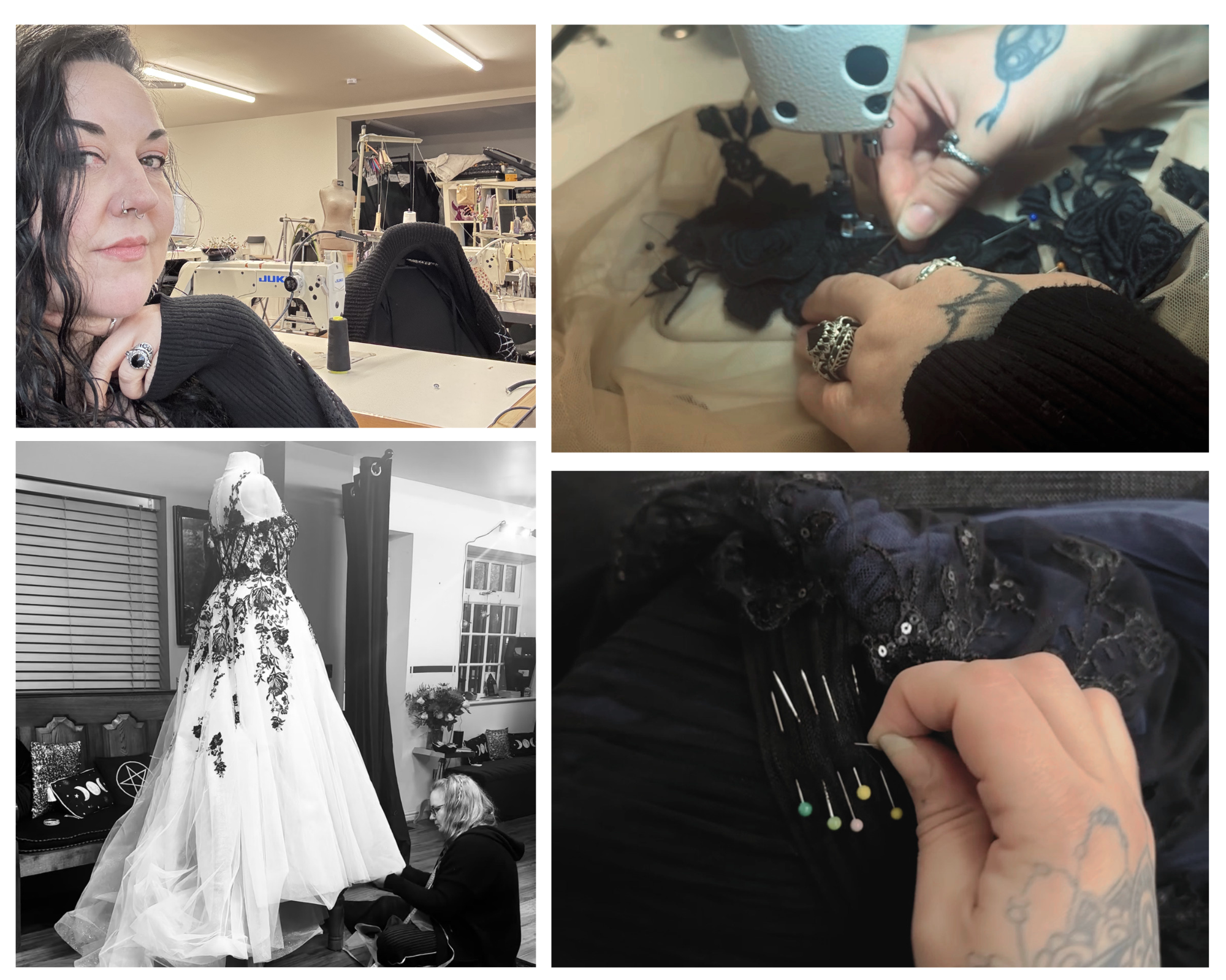 A woman in a black sweater with tattoos on her arms is sewing black fabric on a machine, while another person is working nearby on a dress display with floral embroidery, and fashion design tools are visible in the background.