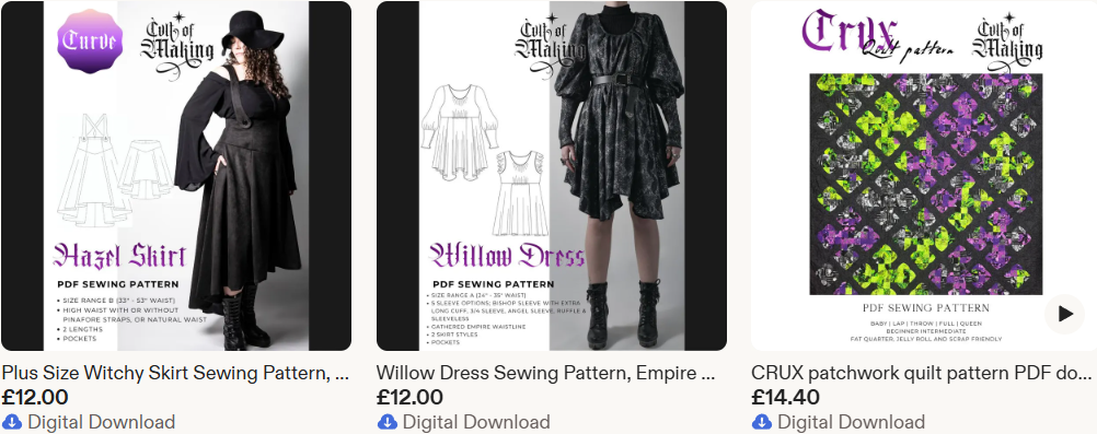 Three digital PDF sewing patterns for clothing and quilt. The first is a witchy skirt with the pattern name 'Plus Size Witchy Skirt Sewing Pattern.' The second is a dress named 'Willow Dress Sewing Pattern, Empire.' The third is a patchwork quilt pattern called 'CRUX patchwork quilt pattern.'