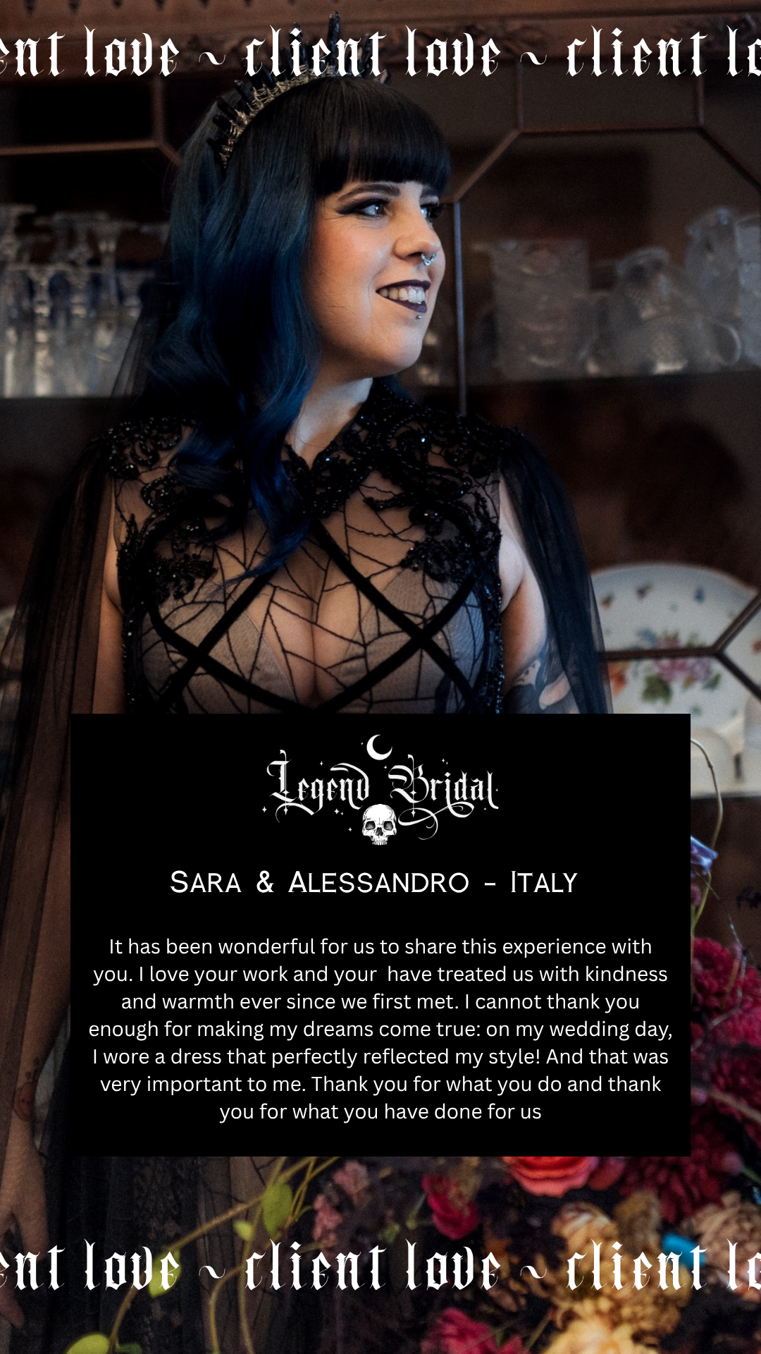A close-up of a smiling woman with dark hair and blue highlights, wearing gothic makeup and an intricate black lace dress, standing indoors with shelves and decorative items in the background. Testimonial written at the bottom
