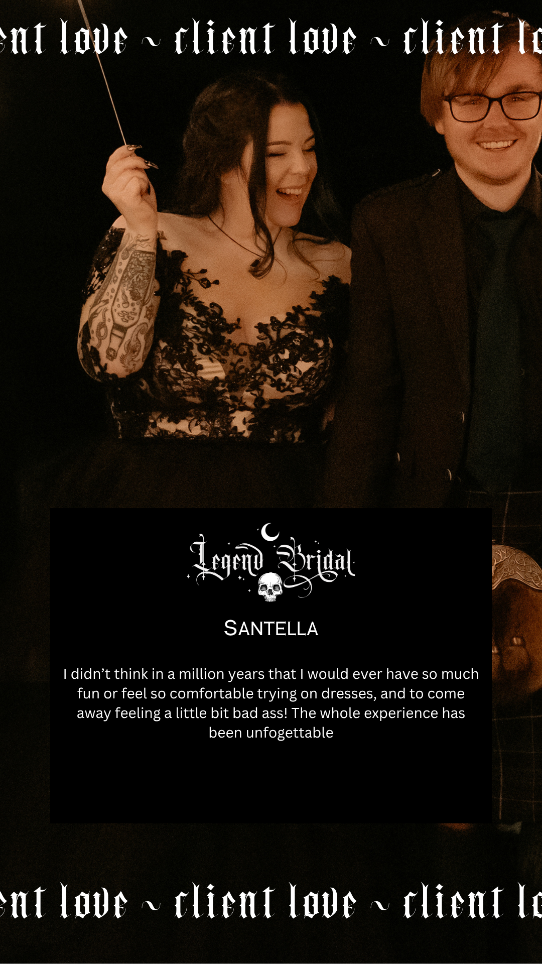 A woman with dark hair and tattoos on her arm, wearing a black lace dress, is laughing and holding a sparkler, standing next to a man with glasses in a dark setting. There is gothic-style text and a black box with testimonialtext and a skull symbol.