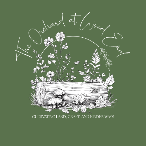Illustration of a wooden log with mushrooms, plants, and flowers, with the text 'The Orchard at Wood End' and 'Cultivating Land, Craft, and Kinder Ways'