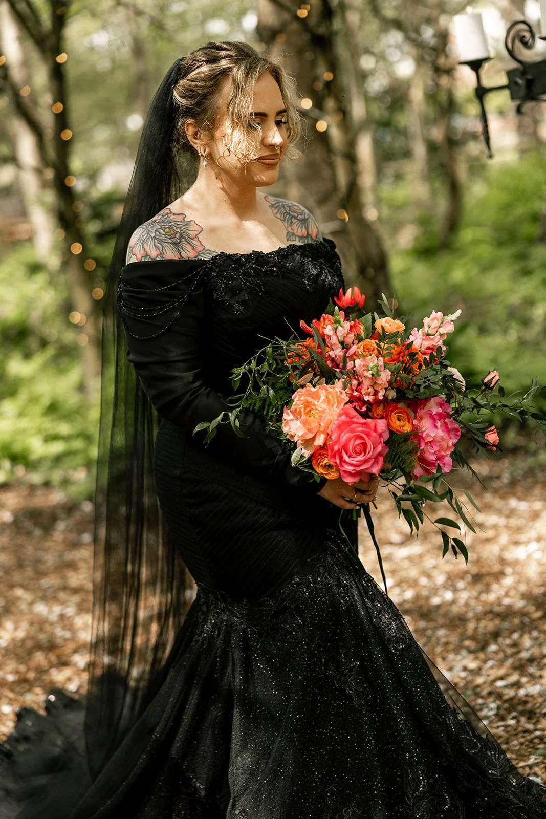 Alice &amp; Connor's Woodland Wedding with a Custom Black Demeter Dress