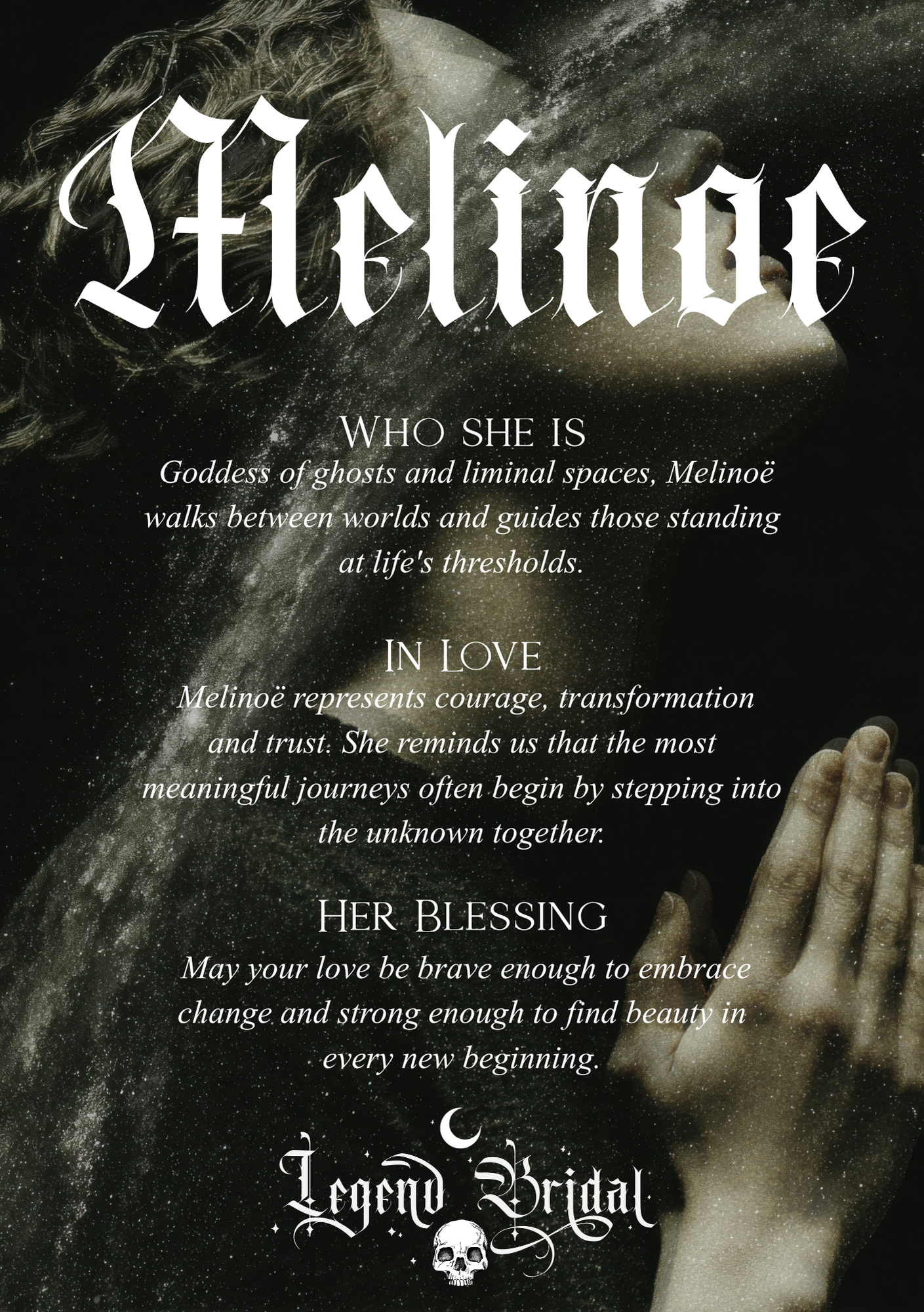 A graphic design featuring a woman with long flowing hair and a dark background filled with stars and cosmic dust. Overlaid text discusses themes of ghostly realms, transformation, love, and embracing change, with Gothic-style fonts and a skull illustration.