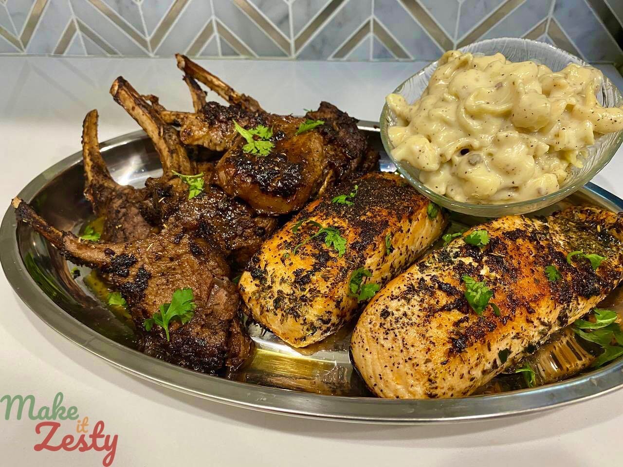 What's the perfect way to end your weekend? How about treating yourself to some mouth-watering Homemade Truffle Mac &amp; Cheese, Blackened Rosemary Salmon, and lamb chops?!😋🍽️ Just finished up a private Zesty Session with a client who was craving 