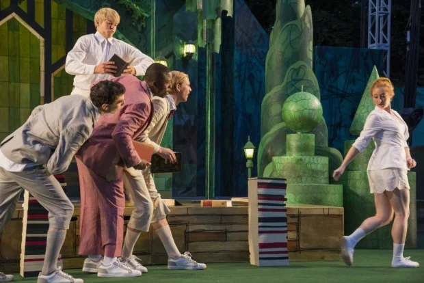 Colin Wulff (First Gentleman), Dalton Davis (Longaville), Jason Bowen (Berowne), Nash Hightower (Dumain), and Jes Bedwinek (Maria) in Love's Labour's Lost, directed by Steven Maler, on the Boston Common. (© Andrew Brilliant)