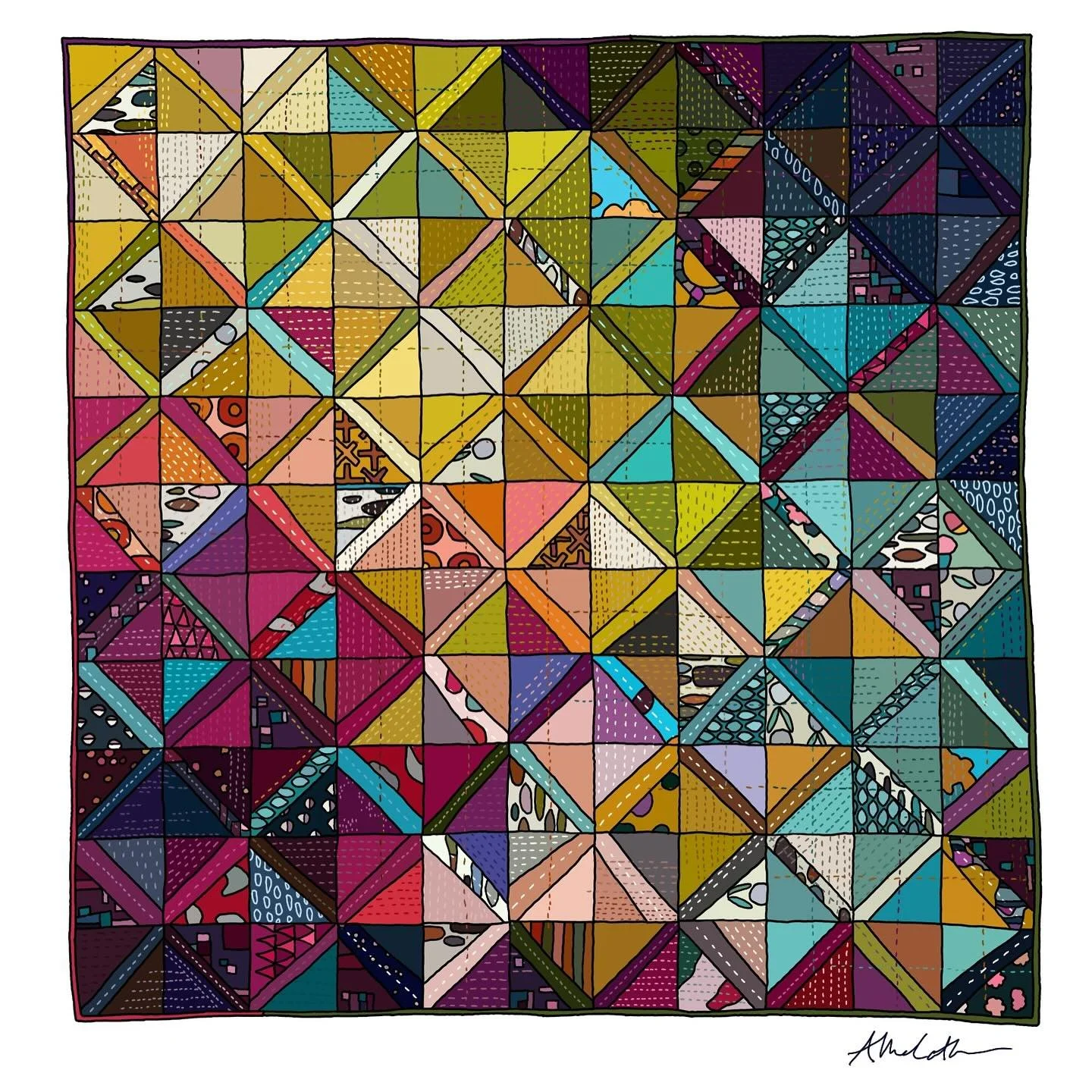 70&rdquo; x 70&rdquo;

This quilt doesn&rsquo;t have a name. 

It lives on my couch, and has seen its share of errant crumbs from after-school snacks. I&rsquo;ve spent several anxiety attacks crying into it. It has softened the seat underneath me dur